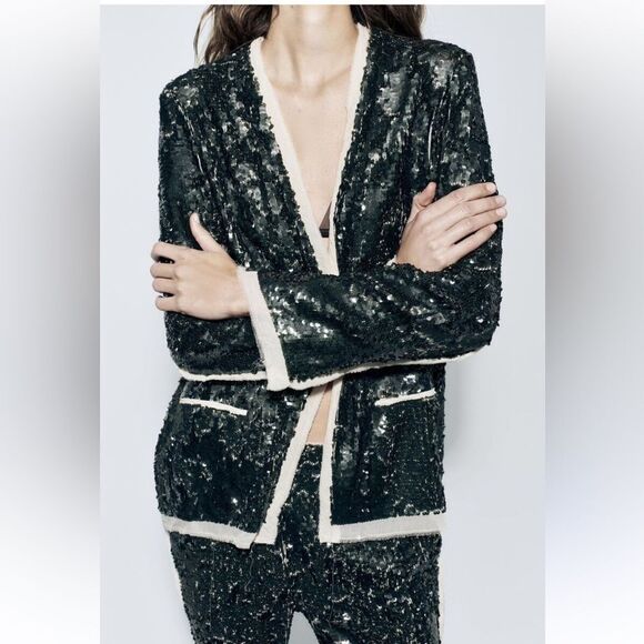 Zara Woman Collection Sequin Contrast Blazer and Pant Set NWOT/NWT - Picture 2 of 12